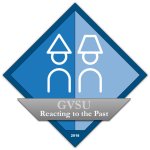 GVSU Reacting to the Past Logo with a drawing of two people wearing hats. on November 7, 2024